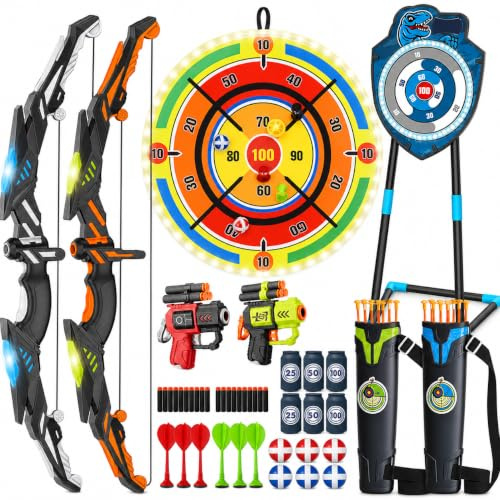 VROGTIK 2 Pack Kids LED Bow and Arrow Set with Standing Target & LED Dart Board, 20 Suction Cup Arrows, 2 Quivers, Foam Dart Toys, Indoor Outdoor Archery Toy Gift for Boys Girls Ages 3-12