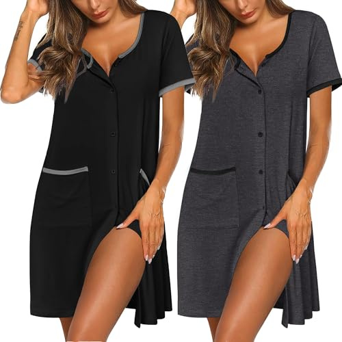 Ekouaer Womens Nightdress Button Up Nightie Short Sleeve Nightshirts Knee Length Nightdresses Nightwear, S-XXL
