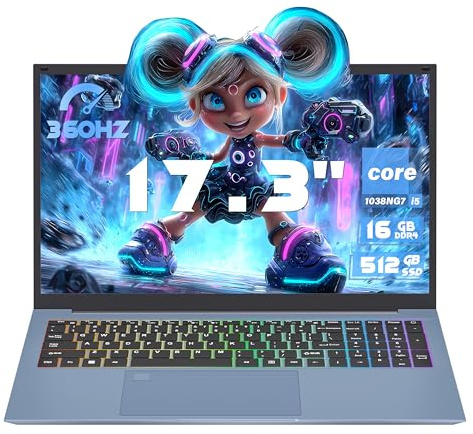 17.3 FHD IPS Blue Laptop, Core i5-1038NG7 up to 3.8 GHz, 16GB RAM, 512GB SSD, Gaming Computer Notebook, Fingerprint unlock, Color Backlit KB, Type-C, WiFi, HDMI, RJ45, 3xUSB 3.1, 6000mAh Battery