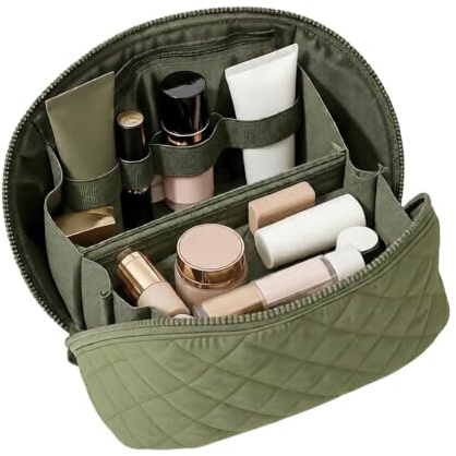 zxevg Travel Makeup Bag Lay-Flat with Brush Compartment | Large waterproof PU leather cosmetic case with handle & brush compartment. Flat lay toiletry organizer for travel essentials