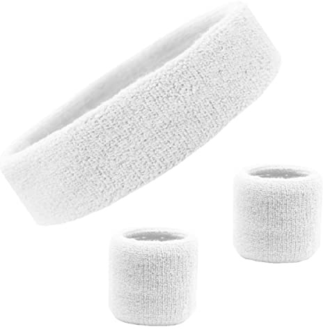 Kenz Laurenz Sweatband Set Cotton Sports Headband Terry Cloth Wristband Moisture Wicking Sweat Absorbing Athletic Exercise Basketball Wrist Sweatbands and Headbands (White) Fits Most