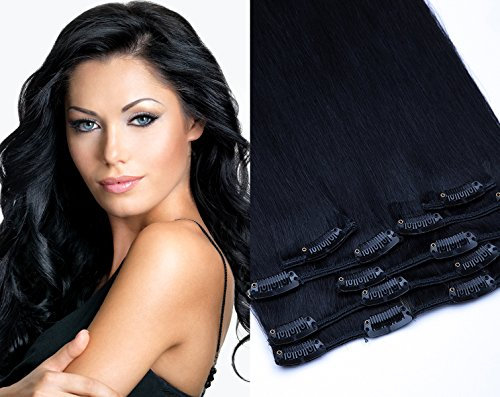 Clip In Extensions Echthaar Haarverlängerung GlamXtensions 7 - teilig in der Farbe Nr. 01 Schwarz und Länge 80cm / Gewicht 100g - Remy Echthaar