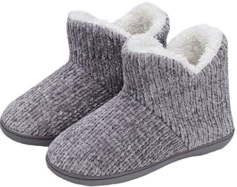 TUOBUQU Women Warm Bootie Fluffy Plush Indoor Outdoor Winter Booty Slippers Grey M