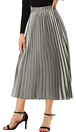 Allegra K Falda Midi metálica Plisada con Cierre de Cremallera para Mujer - Gris - X-Large