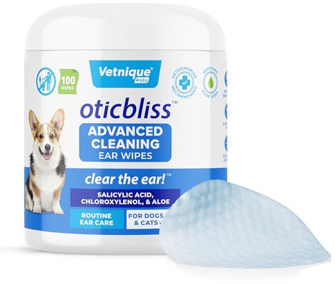 VETNIQUE Labs Oticbliss Advanced Reinigungstücher für Hunde, Katzen und Haustiere gegen Geruch, Schmutz und Wachs, mit beruhigender Aloe Vera und Vitamin E, reinigt das Ohr