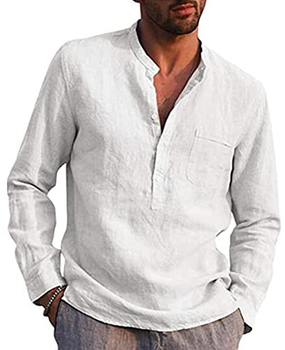 Tomwell Hombre Camisa de Lino Cuello En V Manga Larga Botón Camisas Camisa Lino De Color Sólido Moda Blusa Suelta Camisas De Trabajo Top Casual con Bolsillo Suave Cómodo