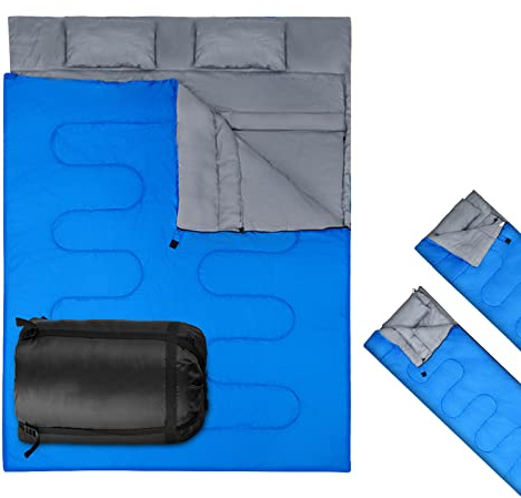 RELAX4LIFE Sac de Couchage 2 Personnes 150x220CM avec 2 Oreillers et Sac de Transport, Sac de Couchage Adulte 2 en 1 Détachable Imperméable pour Camping Randonnée Voyage(Bleu)