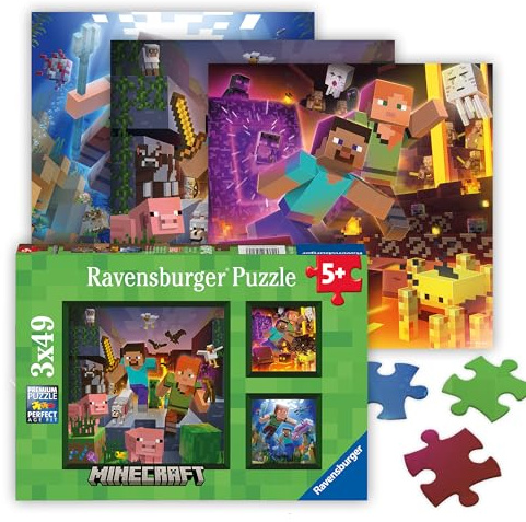 Ravensburger - Minecraft Biomes - 49 Piece Jigsaw Puzzle 3-Pack Set - Pixelated Forests, Oceans & More - Bright, Stunning Imagery - Premium Quality - Ideal Gift - Screen-Free Fun - Children Age 5+