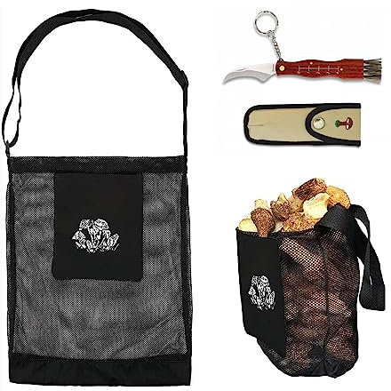 Ensemble Sac et Couteau pour la cueillette des Champignons et des Fruits - Sac en Maille libérant des Spores - - Couteau avec étui et Manche en Bois