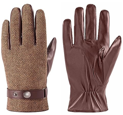 LADYBRO Winter Herringbone Tweed PU Leather Gloves for Men Brown, XL, 9.5