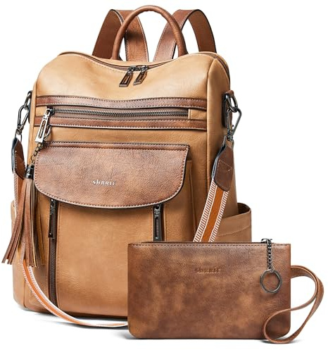 Shrrie Leder-Rucksack Mode-Rucksack Handtasche Designer kleiner Reiserucksack wandelbarer Schultertasche mit Handschlaufe für Arbeit Hochschule, 12.5 x 5 x 13 inches,Kamel mit Braun