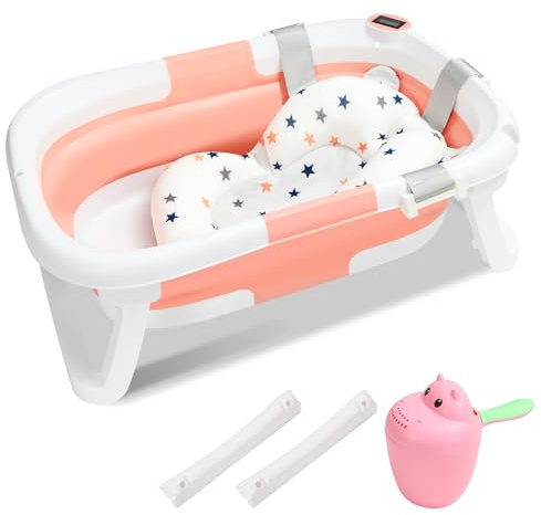 Monucep Vikbart babybadkar, babybadkar med integrerad termometer och hårtvättskopp, bärbart badkar för nyfödda till småbarn med halkfri matta och dräneringshål, rosa