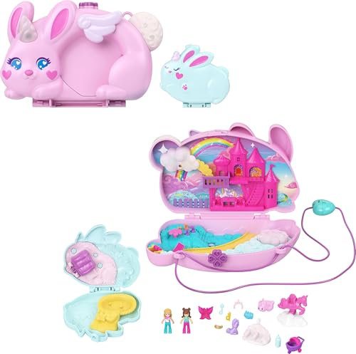 Polly Pocket Estuche 2 en 1 Diversión con conejitos, juguete de viaje con bolso para llevar con 2 muñecas en miniatura y 12 accesorios, entre los que se incluyen mascotas, conjunto de juego, JFT88