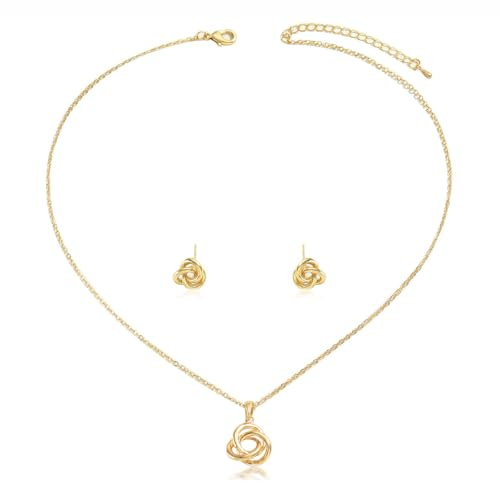 Hebelee Minimalist Love Knot Stud Earrings and Necklace Jewelry Set for Women Gold-Toned Simple Circle Knot Pendant Necklaces Adjustable Link Chain Dainty Studs Earring for Wedding Anniversary