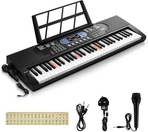INMOZATA 61 Key Electronic Keyboard Piano, Musical Keyboard for Beginner, Light Up Keyboard Piano with Microphone Piano Note Sticker, Black