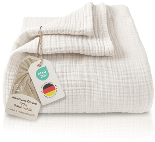 LAYNENBURG Colcha de Muselina Premium 220 x 240 cm - 100% algodón - Manta de algodón Extra Suave como Manta acogedora, Manta de Cama, Manta de sofá, Manta de sofá (Crema)