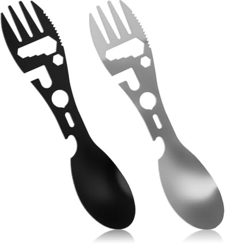 2Pcs Stainless Steel Spork Fork, Travel Cutlery Utility Camping Cutlery All in One Spoon Fork Knife with Bottle Can Opener Lightweight Reusable for Camping Backpacking Hiking Picnics (Black/Silver)