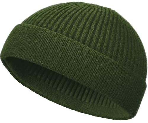 Swag Wool Knit Cuff Short Fisherman Beanie for Men Women, Spring Fall Winter Warm Hats, Trawler Skull Cap, Watch Cap Army Green
