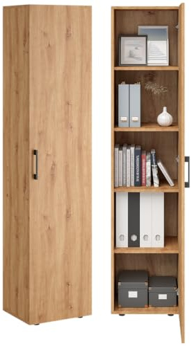 Bellamio Apol Aktenschrank Eichenoptik – Mehrzweckschrank 40 cm breit – Hochschrank schmal aus Holz – Aufbewahrungsschrank mit 5 Fächern & beidseitig montierbare Tür – Büroschrank, Flurschrank