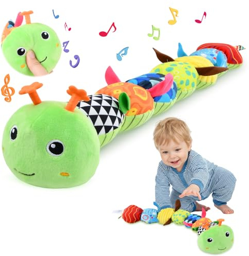 Focenat Juguetes Bebes 0 3 6 Meses, Oruga Musical Bebe, Peluche Musical Bebe, Juguete Sensorial, Oruga de Peluche con Crujido Sonajero y Texturas para Bebés