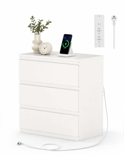 Amveya Cómoda Blanca con 3 cajones y enchufes, Armario de cajones con enchufes Integrados, Armario de Cocina para Dormitorio/Sala de Estar, Pecho de Drawers con outlets, cajonera Moderna