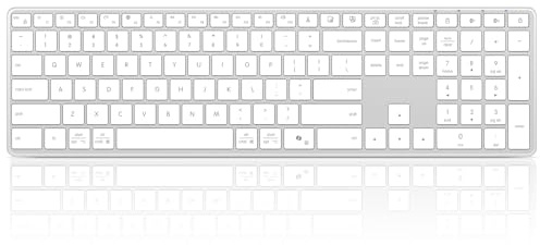 Bnnwa Wireless Bluetooth Keyboard Stainless Steel Multi-Device Full Size Keyboard with Numeric Keypad Low Profile Silent Cordless Keyboards Quiet Typing for Computer/Windows/PC/Laptop(Silver White)