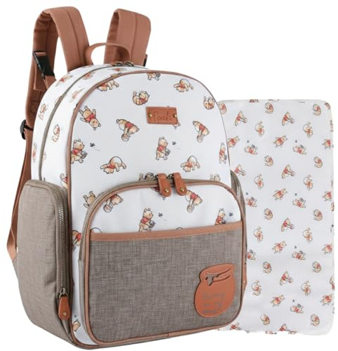 Disney Winnie the Pooh Baby Multi-Functional Diaper Bag Backpack with Changing Pad, Stroller Attachment and Insulated Bottle Holder Pockets