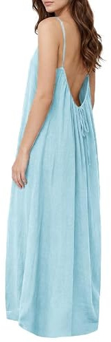 Xiaoliny Robe D'été Longue Femme Chic et Elegant Décolleté Rond Dos Nu Maxi Robes à Bretelles Spaghetti Sexy sans Manches Ample Fluide Bohème Robe de Plage Couleur Unie Décontractée Robes Vacances