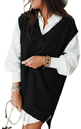 Minetom Pull sans Manche Col V Femme Gilet en Tricot Automne Hiver Débardeurs Chandail Oversize Bureau Pull-Over Tops Hauts B Noir 44