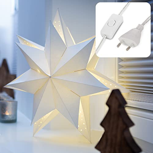 hellum Weihnachtsstern Innen, Stern Papierstern zum aufhängen mit E14 Lampenfassung, weiß Stern Weihnachtsdeko Fenster mit 3m Netzkabel mit Schalter, Weihnachtsbeleuchtung innen, 578010