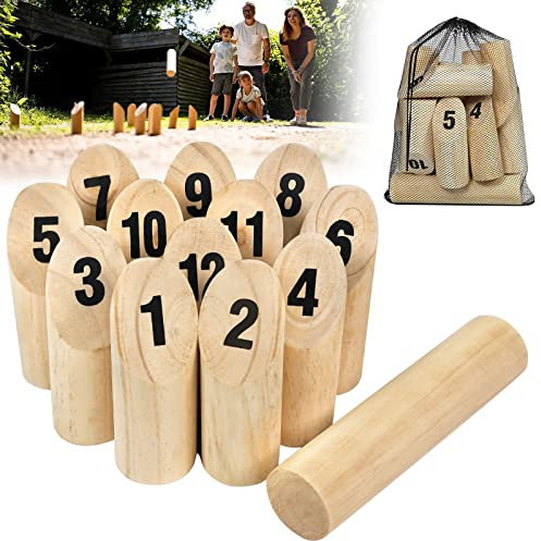 NAIZY Kubb Wikingerspiel Wurfspiel Set Kubball Spiel Geneigter Kubbspiel aus Holz das Zahlen Sportspielzeugset für draußen mit 12 Digitaler Kegelzylinder + 1 Wurfzylinder für Kinder & Erwachsene