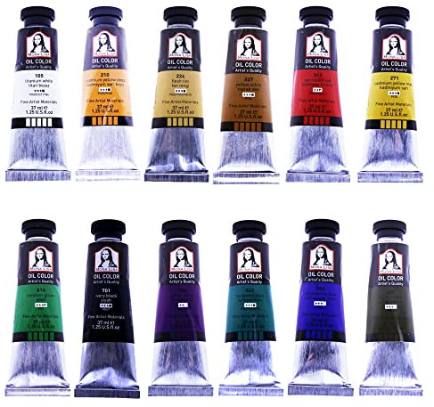 Mona Lisa Ölfarben-Set 12 Farben je 37ml XL Tube Hochwertige feine Ölfarben Künstlerqualität Artists Ölfarbe Grundfarben, hoher Pigmentgehalt, Farbintensität und Deckkraft Ölmalerei (12 Farben x 37ml)