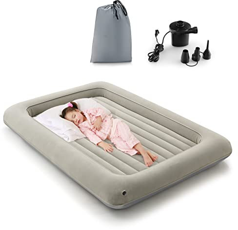 LIFEZEAL Colchón Hinchable Infantil con Bomba Eléctrica, Cama con colchón extraíble, 165 x 118 x 20cm, Cama de Viaje portátil para niños de hinchado rápido en 30 Segundos (Gris)