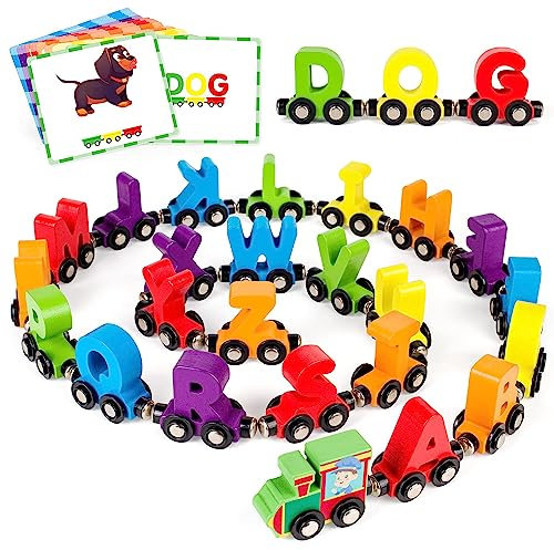 Vanmor Magnetische Hölzerne Alphabet Zug Sets, Montessori Kleinkind Spielzeug für 1 2 3 4 Jahre alt Junge Mädchen Geschenke, Holzspielzeug Geschenke für 1 2 3 4 Jahre alt Jungen Mädchen