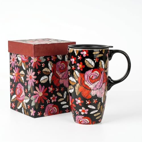 DUSVALLY 500ml Ceramic Travel Mug with Lid, Embroidered Floral Coffee Mug, Large Tea Cup with Handle, Microwave & Dishwasher Safe, Gift Box Included