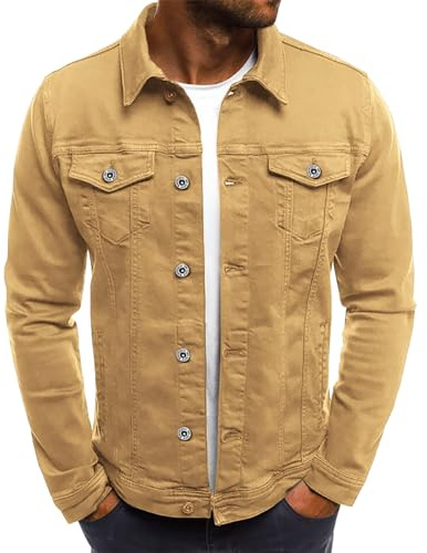LONGBIDA Denim Jackets for Men Stretch Button Down Distressed Jean Jacket 2025 Fashion Trendy Classic Casual Slim Fit Jean Coat（khaki-2,XL