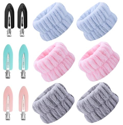 6 muñequeras de lavado facial, con 6 clips de pato, bandas de muñeca faciales de franela, muñequeras absorbentes para cuidado de la piel, yoga, spa, ducha