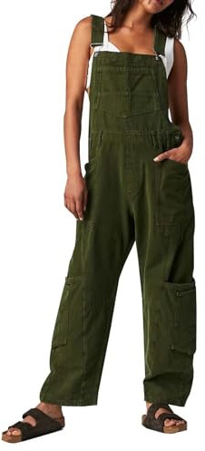 KBOPLEMQ Salopette da donna, pantaloni da lavoro, jeans tinta unita, pantaloni lunghi in denim, tuta vintage, pantaloni da lavoro con tasche, stile retrò, verde militare, M