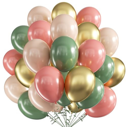 Luftballons Grün Gold Rosa, 60 Stück 12 Zoll Salbeigrün Retro Rosa Apricot Latex Luftballons Metallic Gold Luftballons Party Ballons, Party Luftballon für Geburtstag Hochzeit Jahrestag Dekoration