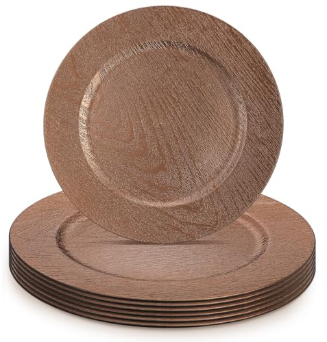Mifoci 6 Pcs 13 Boho Faux Wood Plastic Charger Plates, Faux Wood Chargers for Dinner Plates Round Rustic Wedding Party Service (Dark Brown)