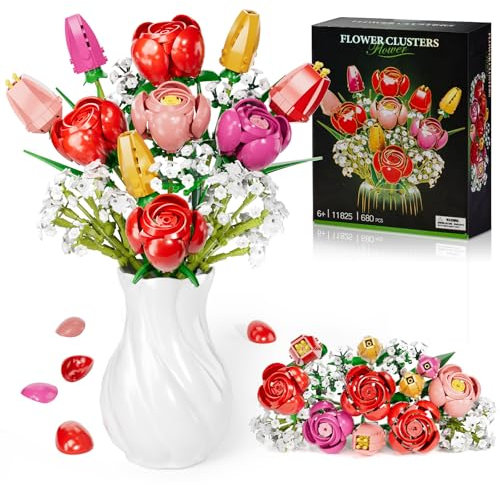 Byuert Kit de Construction de Fleurs avec 13 Plantes Roses et Tulipes - Un Cadeau pour la Saint-Valentin, la fête des mères ou Un Anniversaire, pour Les Adultes et Enfants 6+