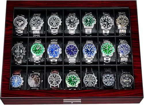 ANWBROAD Caja de relojes con 21 compartimentos, caja de joyería para hombre, con gran tapa de vidrio, vitrina de relojes, organizador de relojes con cierre, lujoso soporte de relojes para regalo