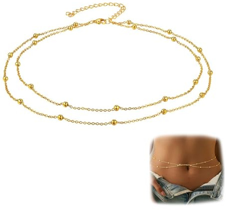 Belly Chain Gold Waist Chain: 14K Gold Plated Stainless Steel Multi-Layer Belly Chains - Adjustable Waterproof Body Waist Chains with Sexy Bikini Satellite Beads for Women