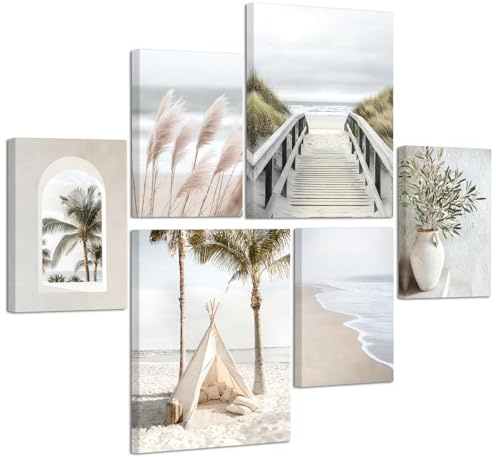 6 Pcs Beige Paesaggio Marino Quadri Per Camera da Letto Set, Blu Costiero Canne Pianta Ponte Stampe Da Parete Quadro Natura Poster Quadretti da Parete per Soggiorno Cucina Ufficio Con Cornice