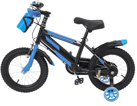 Mqwdxzfes Vélo pour enfant de 14 pouces, bleu élégant, avec roues stabilisatrices, bouteille d'eau, selle réglable, frein avant et arrière, vélo débutant pour garçons et filles à partir de 3 à 7 ans