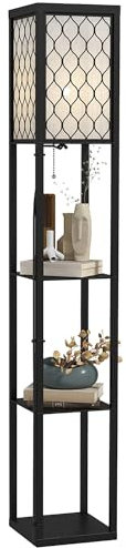 HOMCOM Floor Lamp with Shelves, Single Light, Modern Tall Standing Lamps for Living Room, Bedroom, with Chain Switch, Bulb not Included, Black