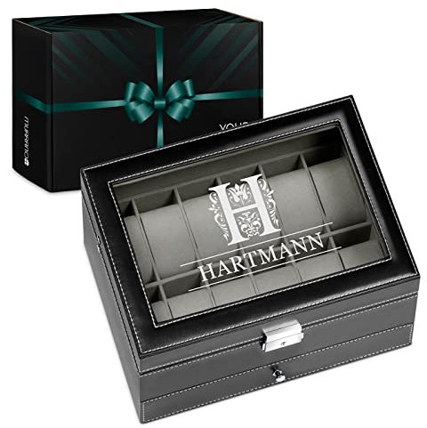 Maverton Uhrenbox mit Gravur für 12 Uhren & Schmuck - 30x20x13cm - Weihnachtsgeschenke - Uhrenkasten aus Kunstleder - Schwarz - Geschenk für Männer - Monogramm