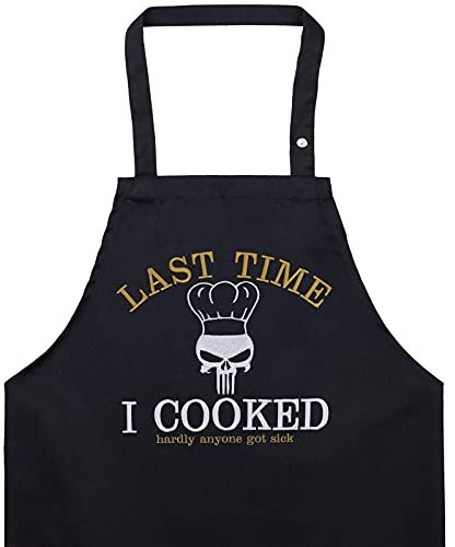 EXPRESS-STICKEREI Delantal cocina hombres con divertida frase ast time i cooked - hardly anyone got sick Ajustable, perfecto para maestros parrilleros y fanáticos de la cocina