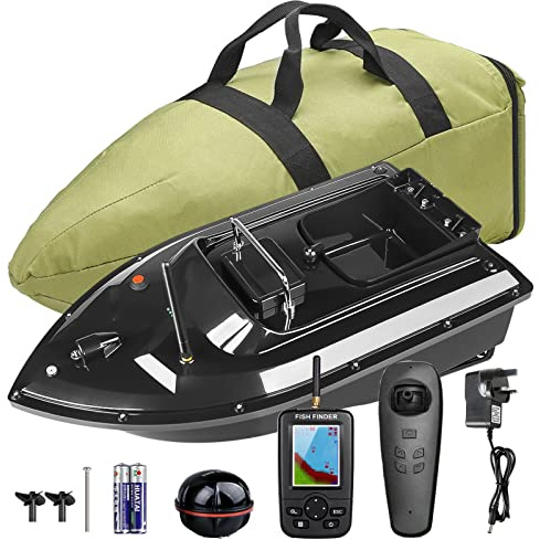 Barco de cebo de pesca inalámbrico de 500 m, lancha rápida RC inteligente, tolva de carga de 1,5 kg, motores duales, buscador de peces con sensor de sonar, bolso portátil (juego negro)