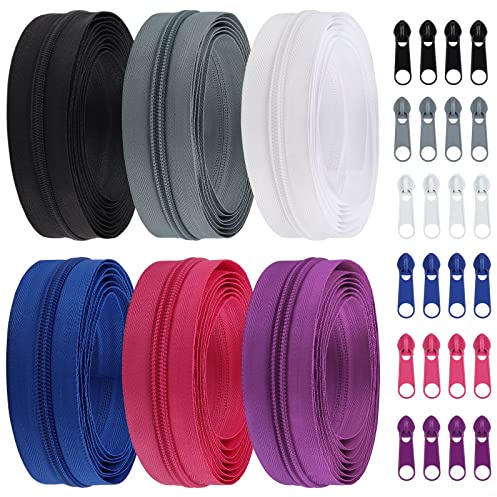 DOITEM 5 mm Zippers 12 m Nylon Endless Zip Set with Slider and Zip for Sewing and Crafts (6 Colors)